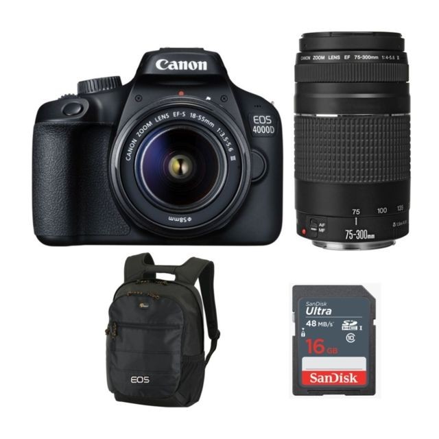 Canon - CANON EOS 4000D KIT EF-S 18-55MM F3.5-5.6 III + EF 75-300MM F4-5.6 III + Backpack Black + 16GB SD card Canon  - Reflex Numérique