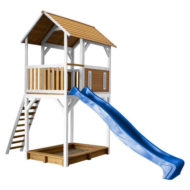 Axi - Dory Play Tower marron/blanc - Toboggan Bleu - Aire de jeux Bois
