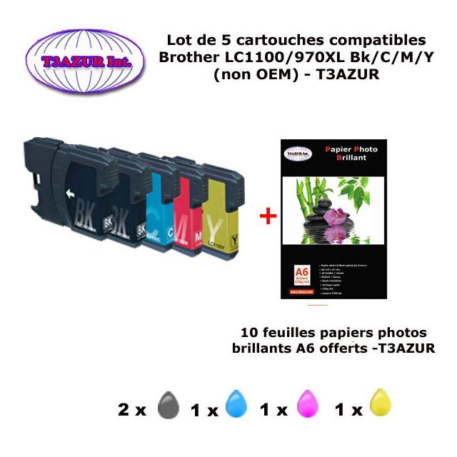 T3Azur - 5 cartouches compatibles LC1100 LC980 XL pour Brother MFC 6490CW 6890CDW 6890CW 790CW 795CW 990CW J615W +10f PPA6 -T3AZUR T3Azur  - Cartouche, Toner et Papier