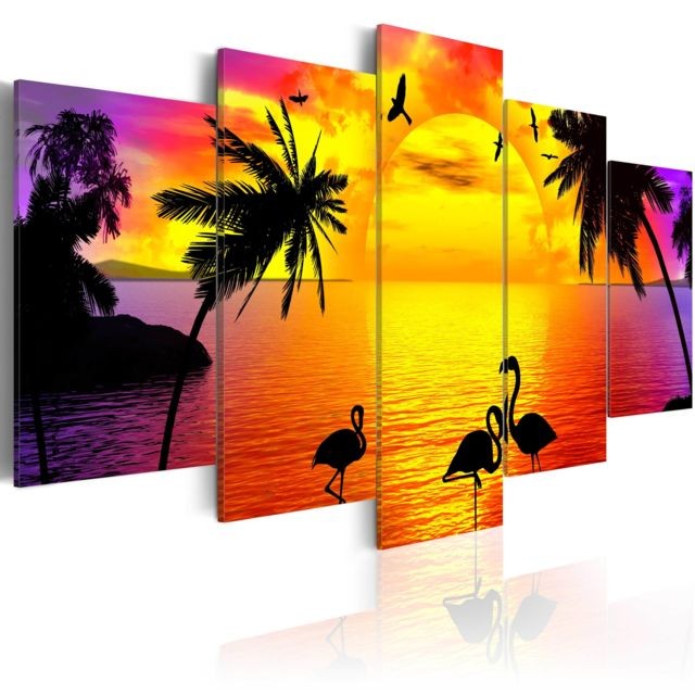 Bimago - Tableau  |  Sunset and Flamingos | 100x50 |  Paysages  |  Levers et couchers de soleil | - Tableau coucher soleil