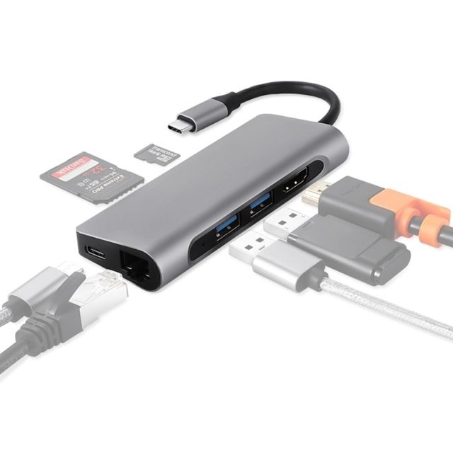 Wewoo - TY-02 Adaptateur de concentrateur multipoint USB-C / Type-C 7 en 1 avec sortie HDMI, lecteur de carte SD / carte SD, 2 x ports USB 3.0, Alimentation électrique USB-C / Type-C, Ethernet RJ45 Gigabit pour MacBook Pro (Argent) - Hub ethernet