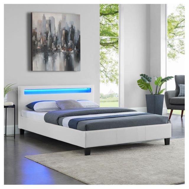 Cadres de lit Lit double pour adulte PINOT avec sommier 140x190 cm 2 places 2 personnes, tête de lit avec LED intégrées, en synthétique blanc