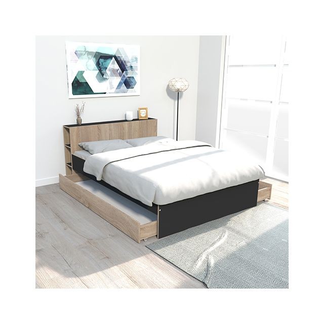 Le Quai Des Affaires - Lit RIGA 160x200cm + tête de lit + 2 tiroirs / Noir et chêne blanchi - Le Quai Des Affaires