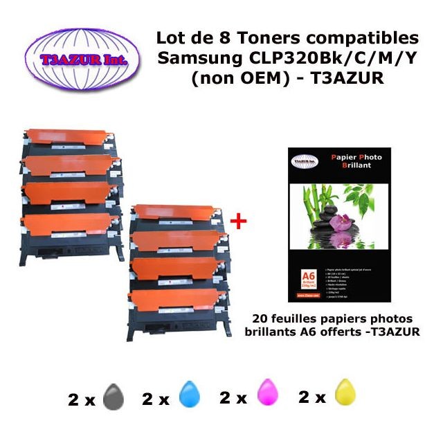 T3Azur - 8 Toners génériques CLP-320 Bk,C,M,Y pour Samsung CLP 320 320N 325 325W imprimante+ 20f A6 brillantes -T3AZUR T3Azur  - Cartouche d'encre