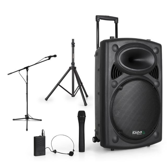 Ibiza Sound - Enceinte sono portable 15"" 800W - USB/BT/REC + 2 Micros VHF + Pied + Pied Micro + Câble PC - Instruments de musique