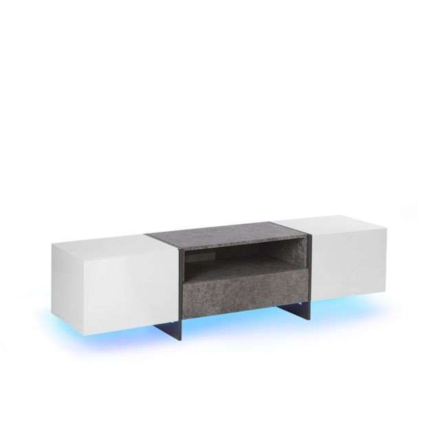 beliani meuble tv blanc et gris beton avec eclairage led russel blanc