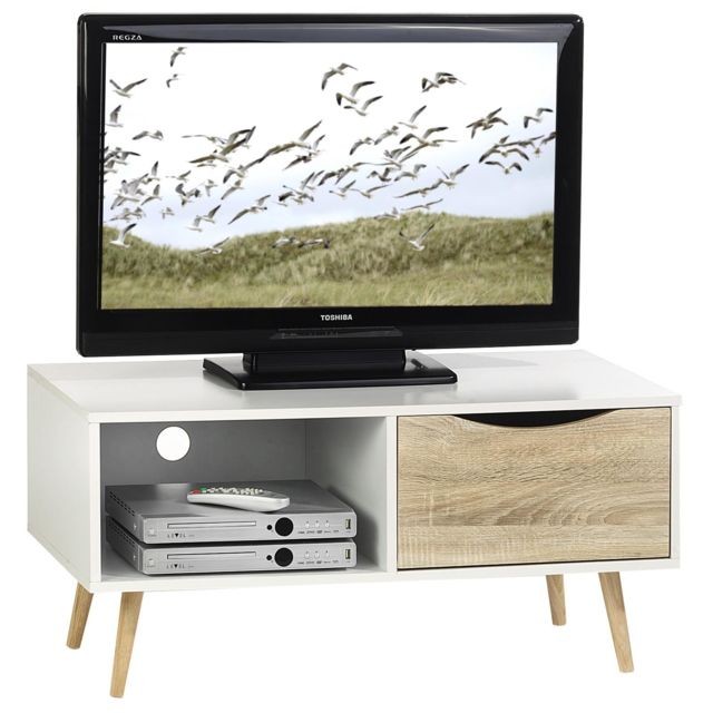 Meubles TV, Hi-Fi Idimex Meuble banc TV IMPERIA avec 1 compartiment ouvert et 1 tiroir style scandinave, décor blanc mat et chêne sonoma