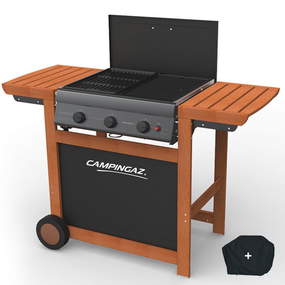 Camping Gaz Barbecue a gaz grill et plancha CAMPINGAZ Adelaide 3 Woody L piezo 14 KW duo grill plancha HOUSSE OFFERTE