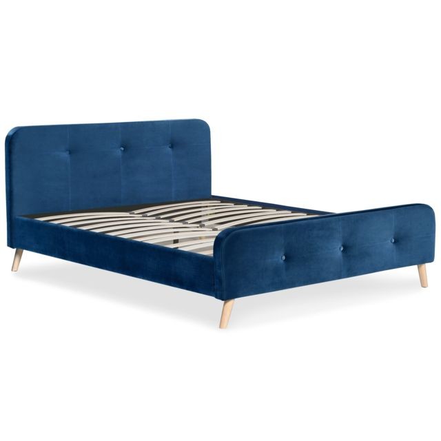 MENZZO - Lit scandinave avec tête de lit et sommier 160x200cm Delano Velours Bleu - Cadres de lit Scandinave