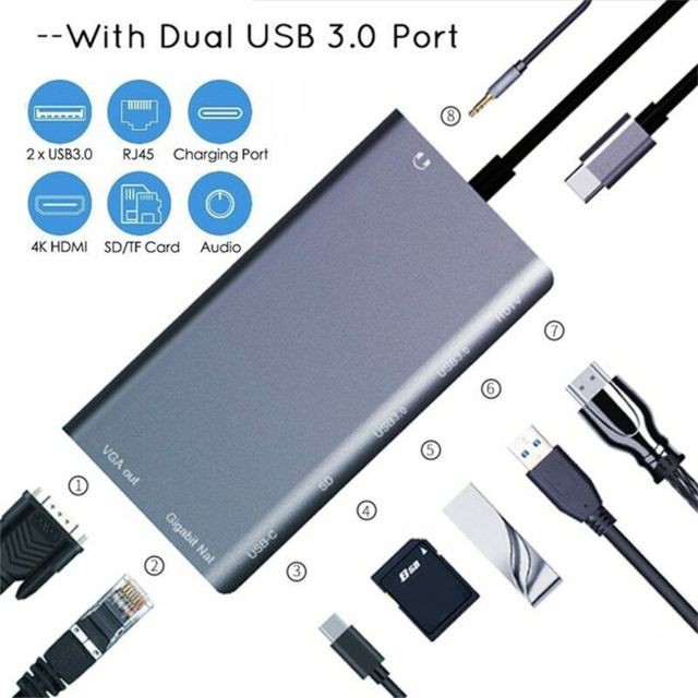 Convertisseur Audio et Vidéo  Generic USB-C Pour Lan Rj45 4K HDMI VGA 2USB 3.0 Lecteur carte SD 8 en 1 Type C Adaptateur