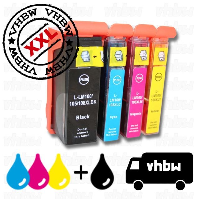 Vhbw - Kit 4 cartouches noir, cyan, magenta, jaune, remplace LEXMARK 100 / 100XL / 100XLA / 100 XL / 100 XLA / 105 / 105xl / 108 / 108xl Vhbw - Cartouche d'encre Vhbw