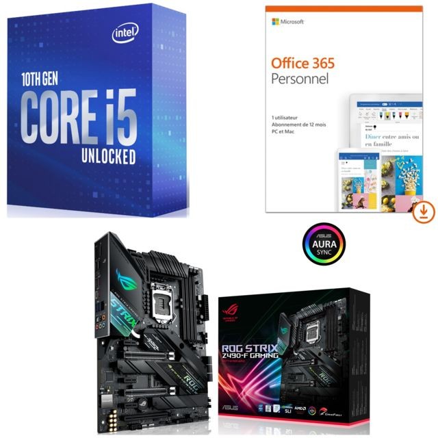 Intel - Core i5-10600K - 4.1/4.8 GHz + Office 365 Personnel 1 utilisateur PC / MAC - 1 an + INTEL Z490 ROG STRIX Z490-F GAMING  - ATX Intel   - Processeur Intel core i5