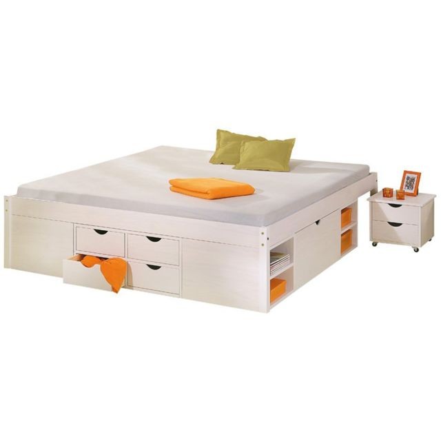 Pegane - lit multi-rangements en coloris blanc, 160 x 200 cm - Lit avec rangement Cadres de lit